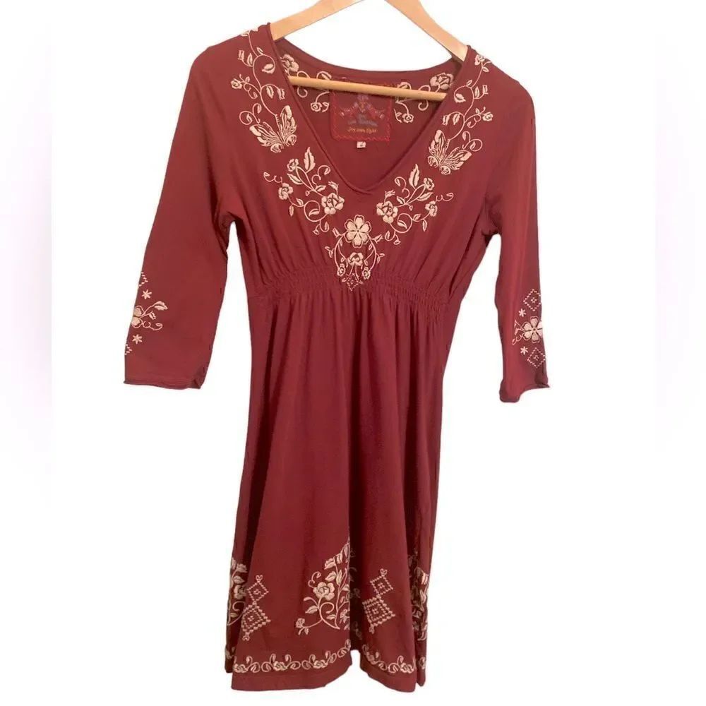 Johnny Was Los Angeles Embroidered Boho Dress Burgundy Size Small